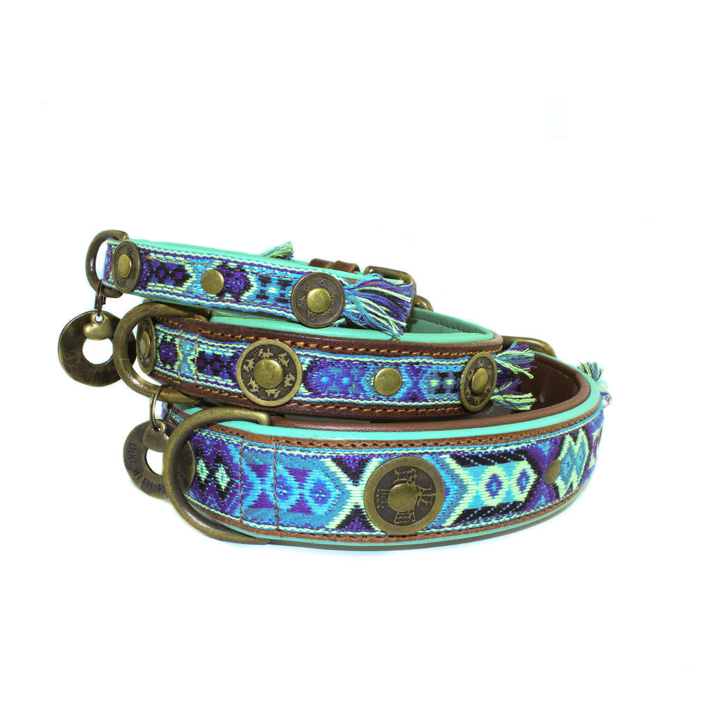 Dog collar and leash set with blue and purple pattern on a white background