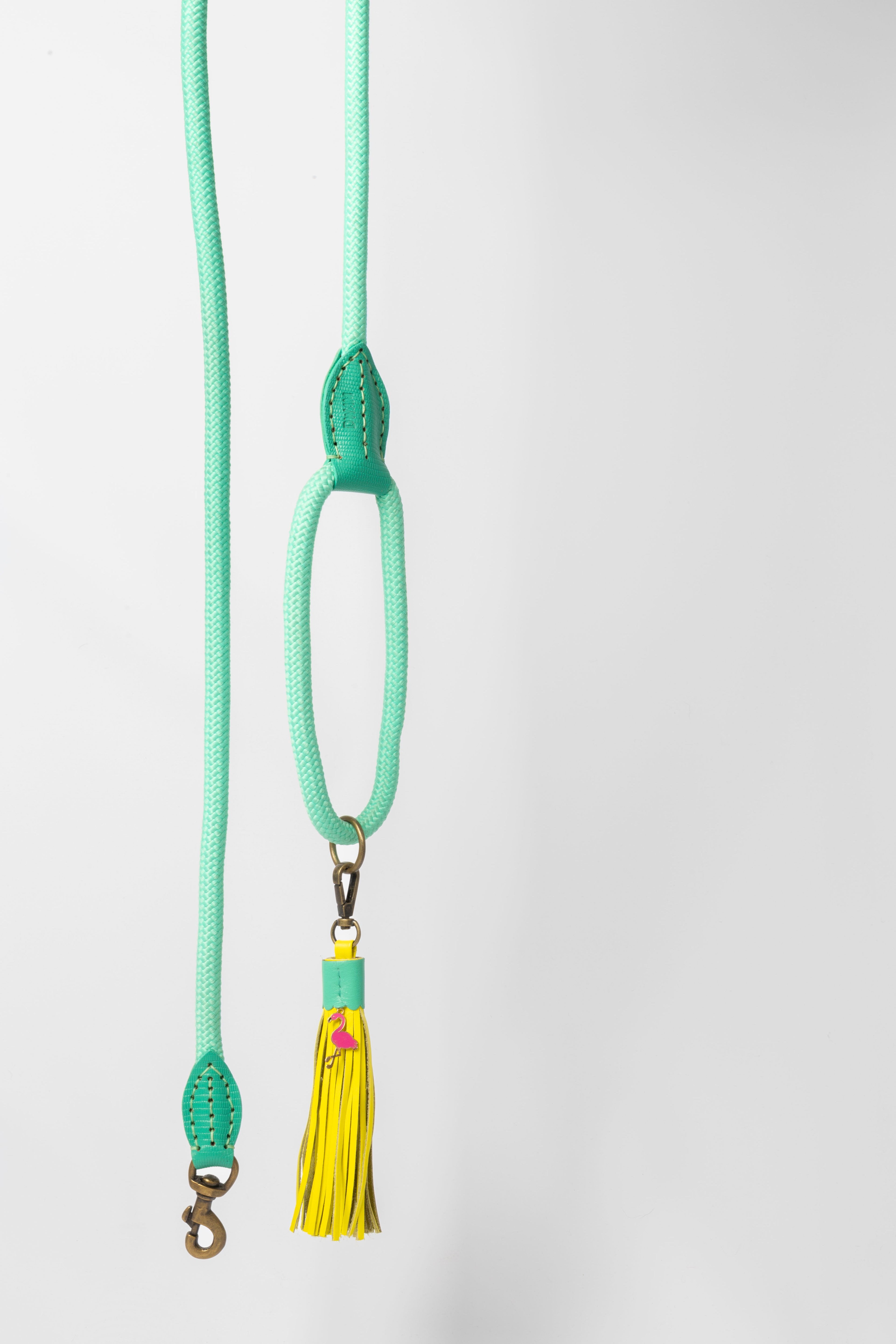 Light green lanyard with a yellow tassel on a white background