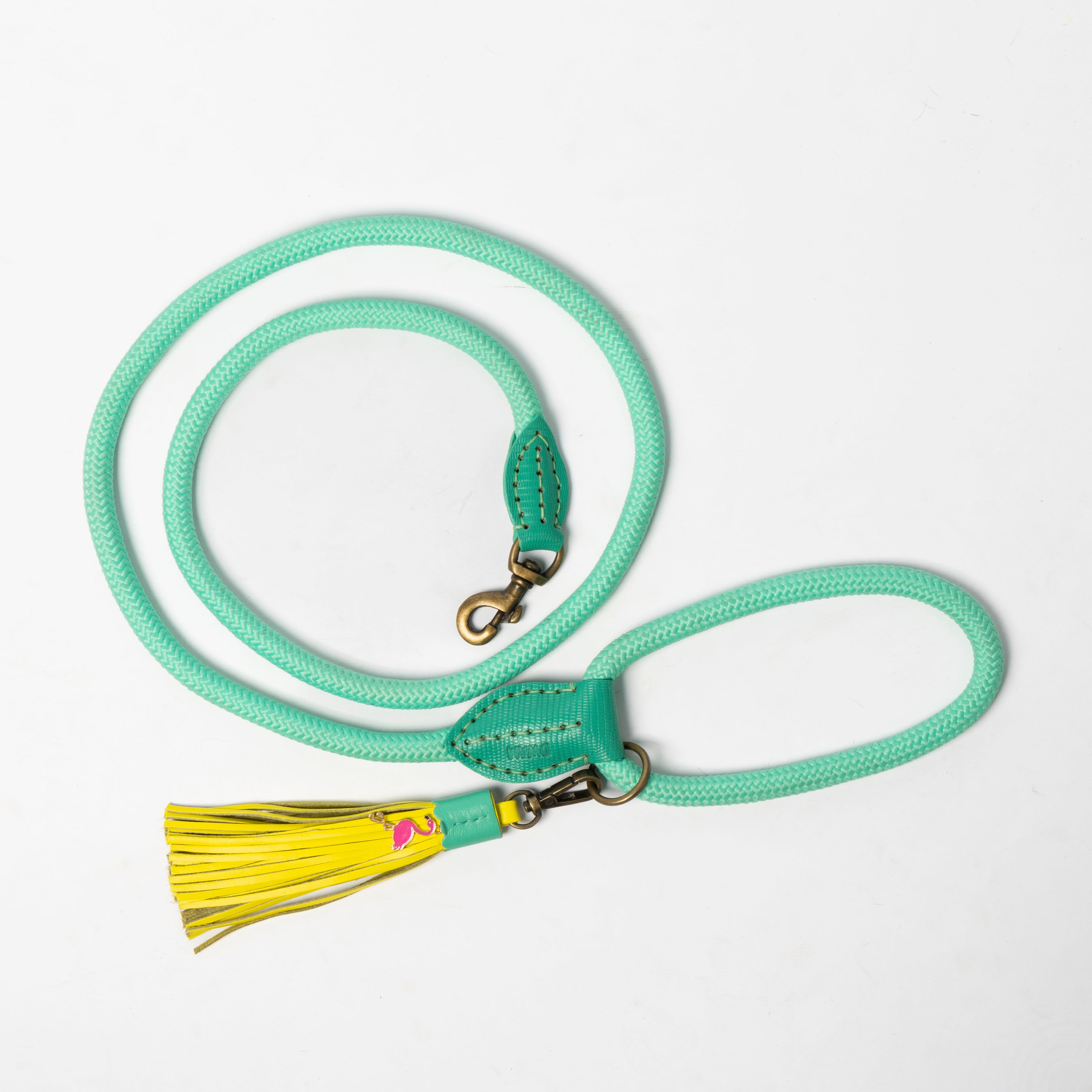 Green dog leash with a yellow tassel on a white background