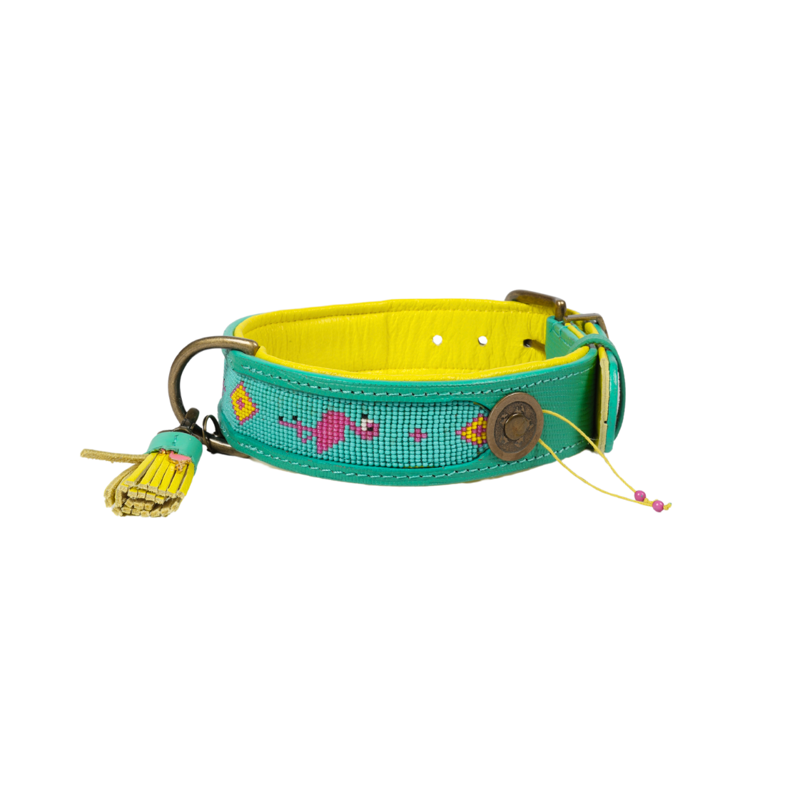 Dog collar with colorful butterfly designs on a white background
