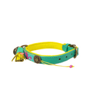 Colorful cat collar with decorative elements on a white background