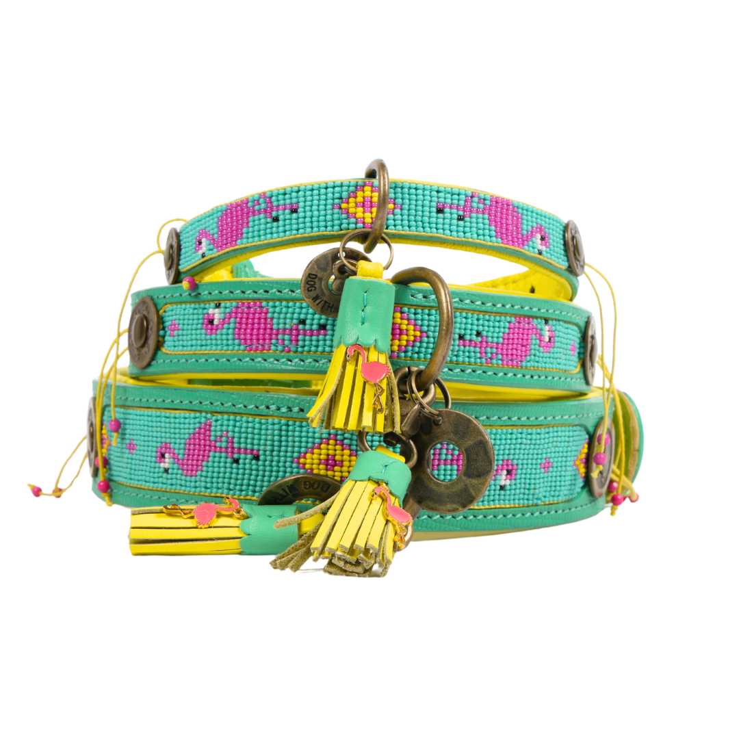 Turquoise dog collar with pink flamingo pattern and yellow accents on a white background