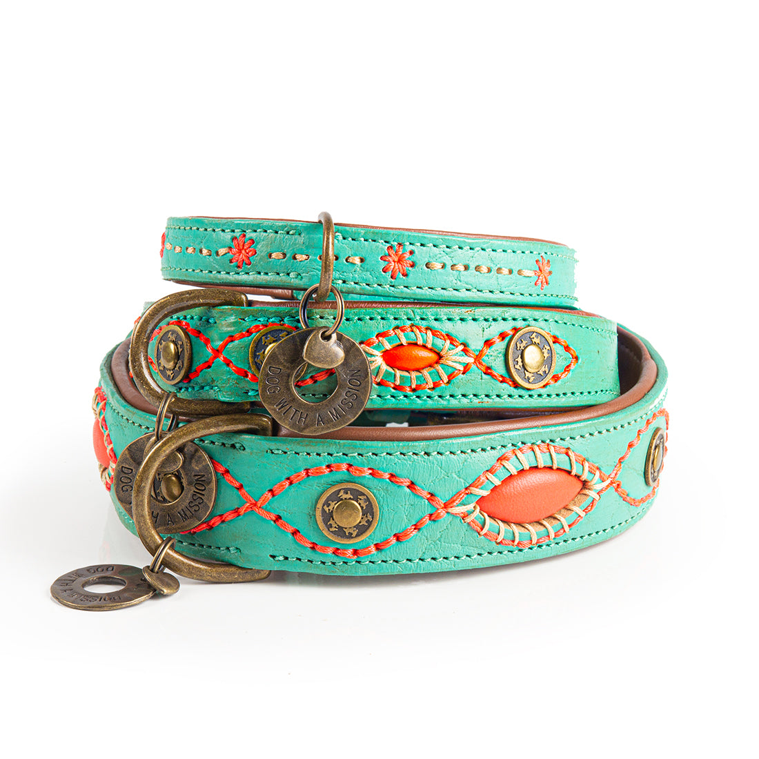 Turquoise leather dog collar with decorative elements on a white background