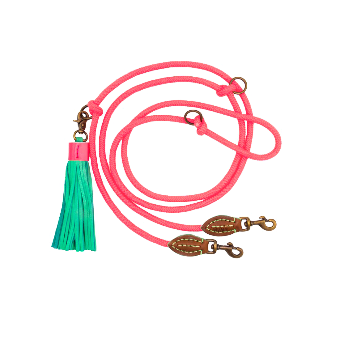 Pink dog leash with green tassel and gold clasp on a white background