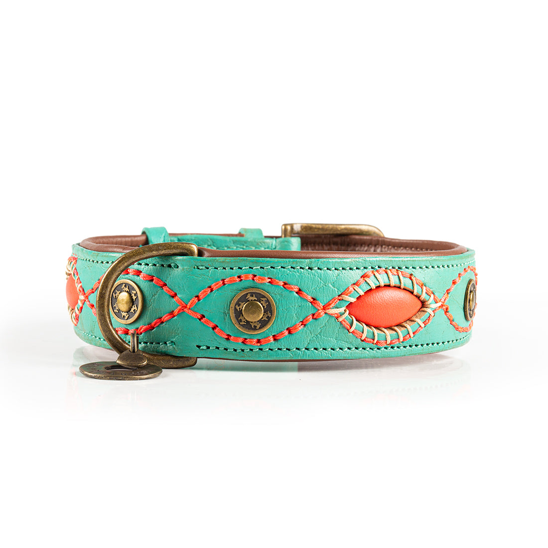 Turquoise dog collar with coral accents and gold hardware on a white background