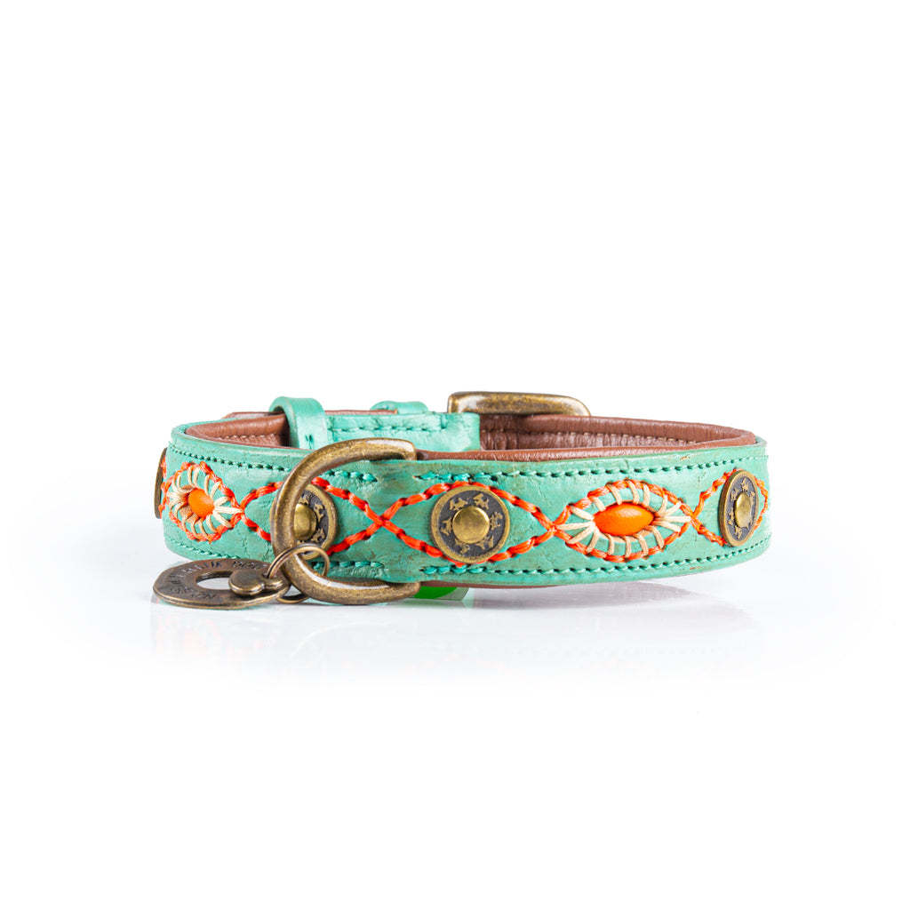 Mint green dog collar with orange and gold embroidery on a white background