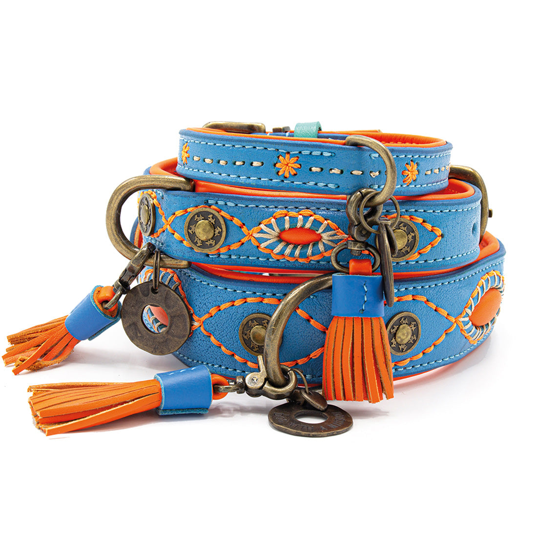 Blue and orange leather bracelet with tassels and decorative elements on a white background