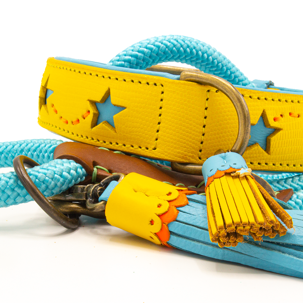 Urban Blue Star Colorful dog collar with star design and tassels on a white background 