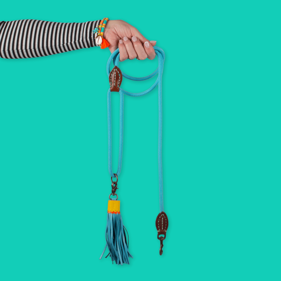 Hand holding a blue lanyard with tassels against a teal background