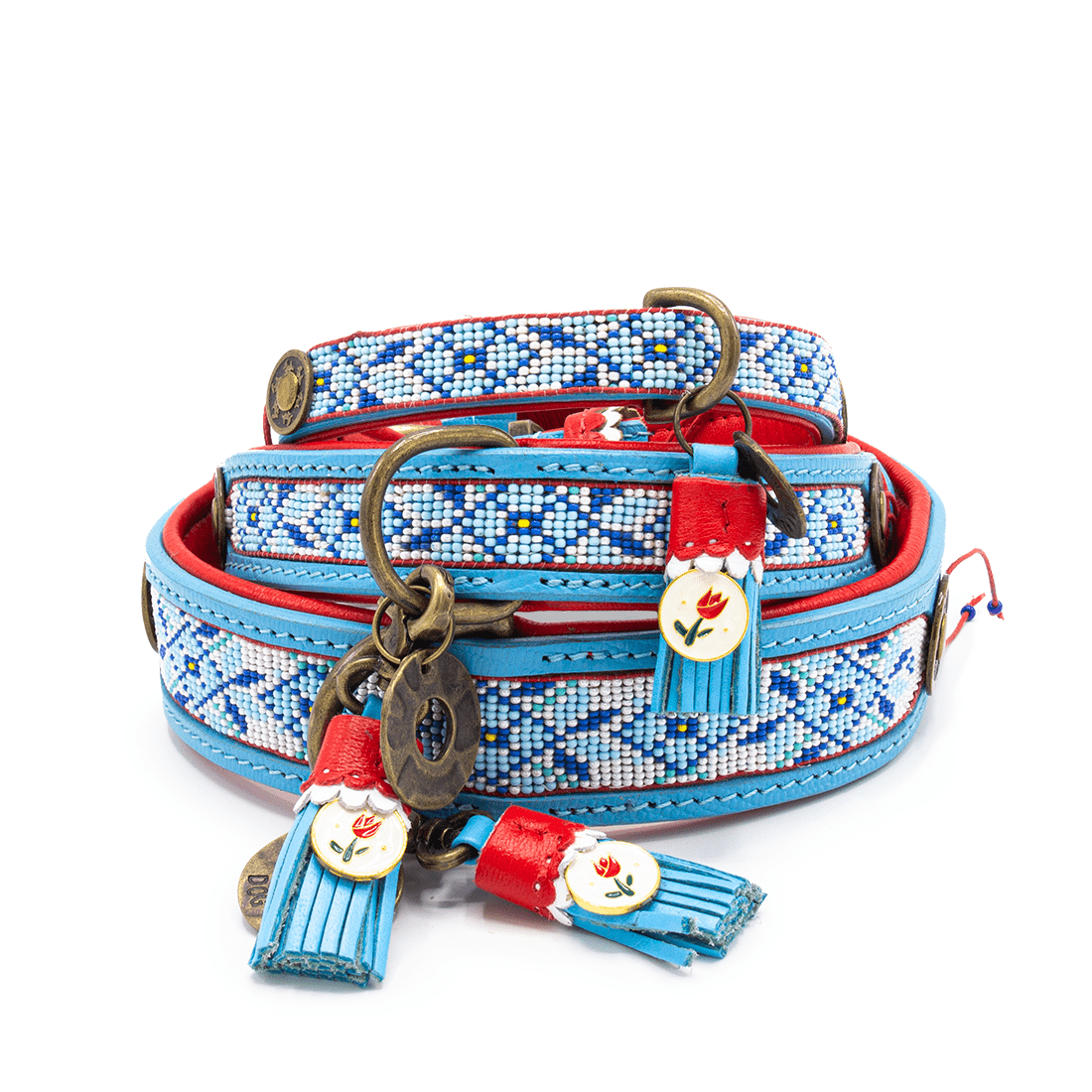 Decorative dog collar with gnome charms on a white background