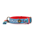 Blue and red dog collar with decorative elements on a white background
