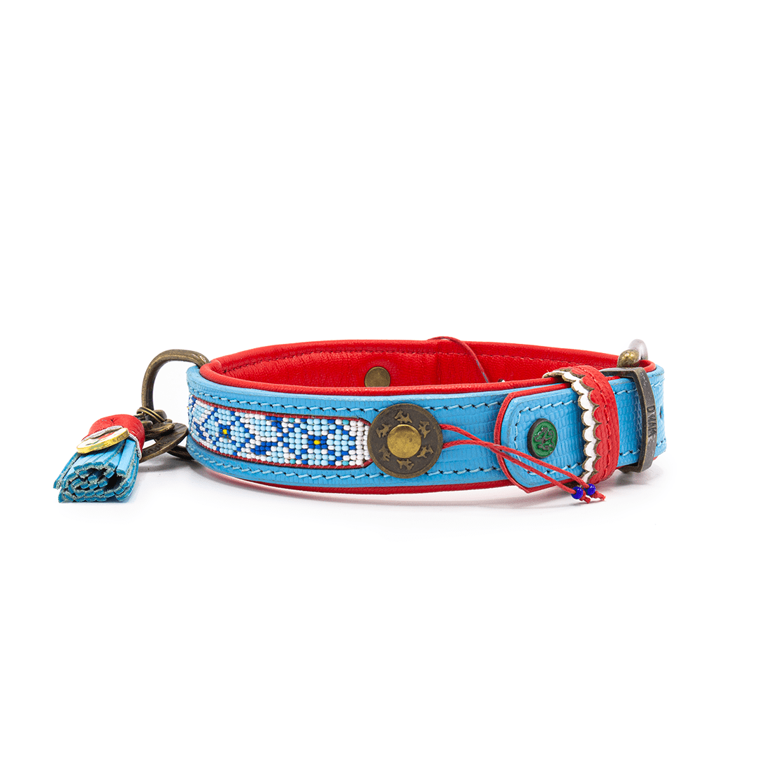 Blue and red dog collar with decorative elements on a white background