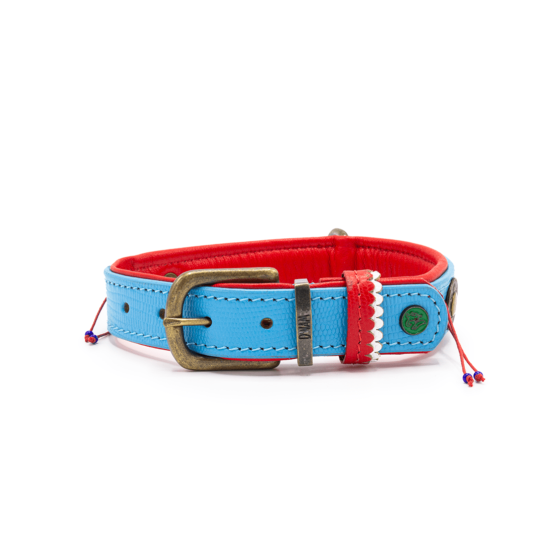 Dog collar with red and blue design on a white background