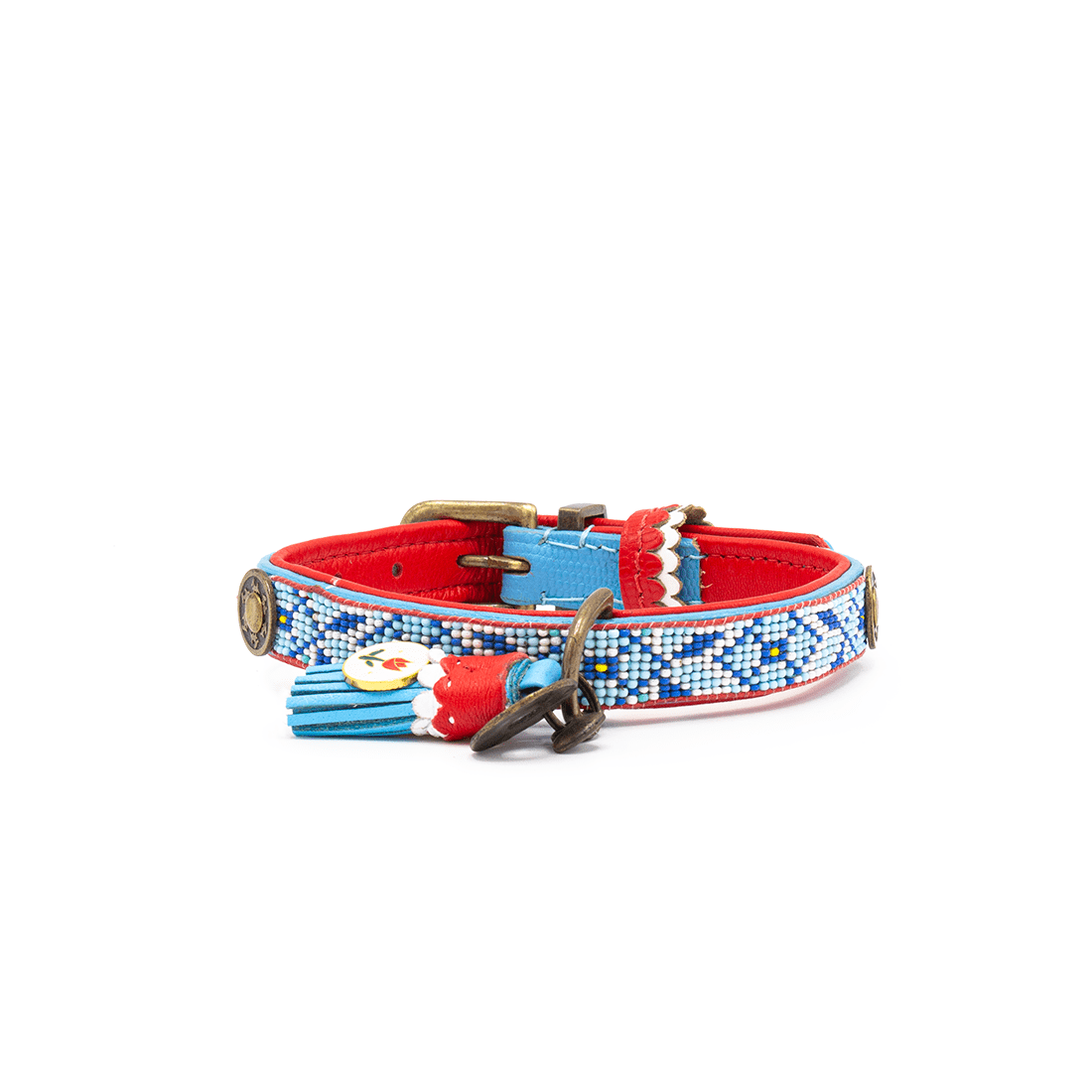 Decorative dog collar with red, blue, and white patterns on a white background