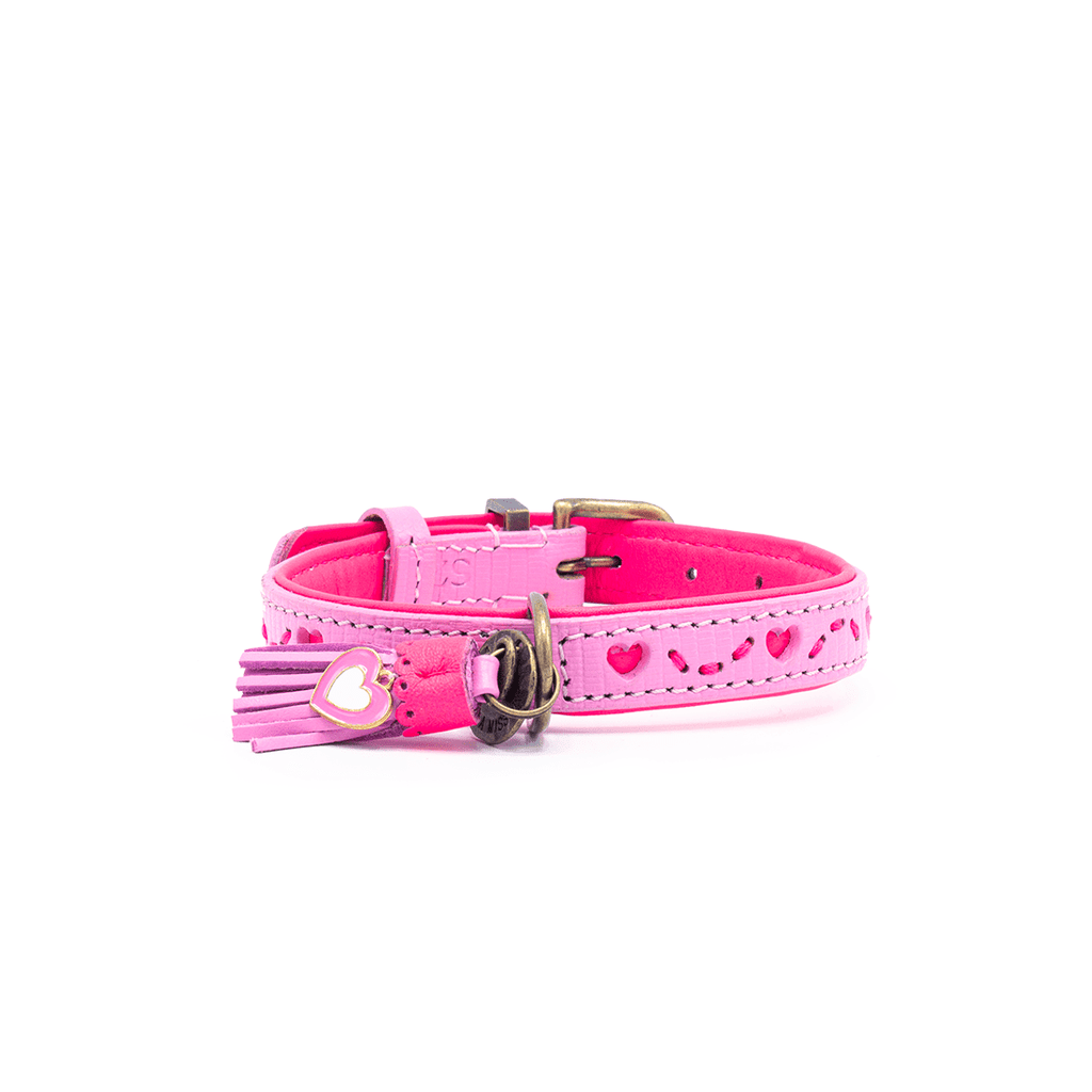 Pink dog collar with heart designs and a tassel on a white background