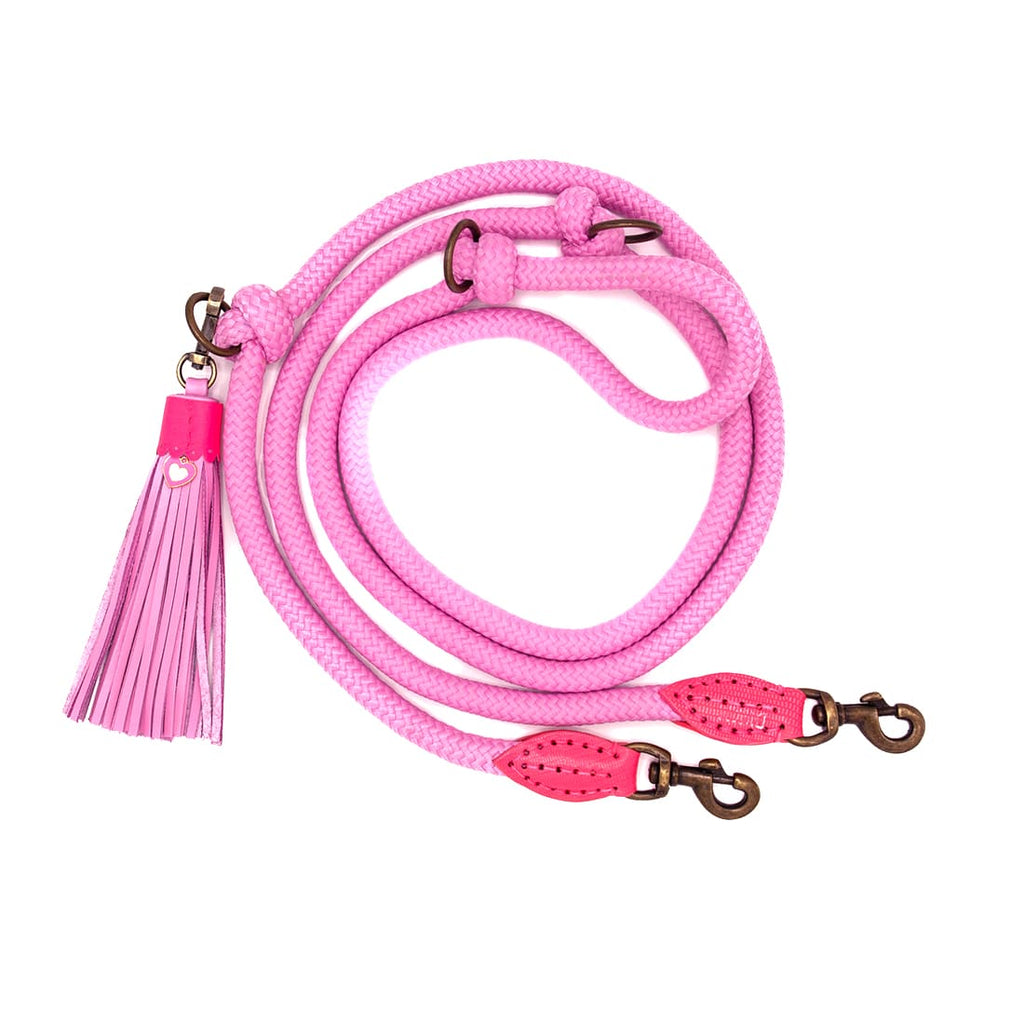 Pink dog leash with tassel and brass hardware on a white background