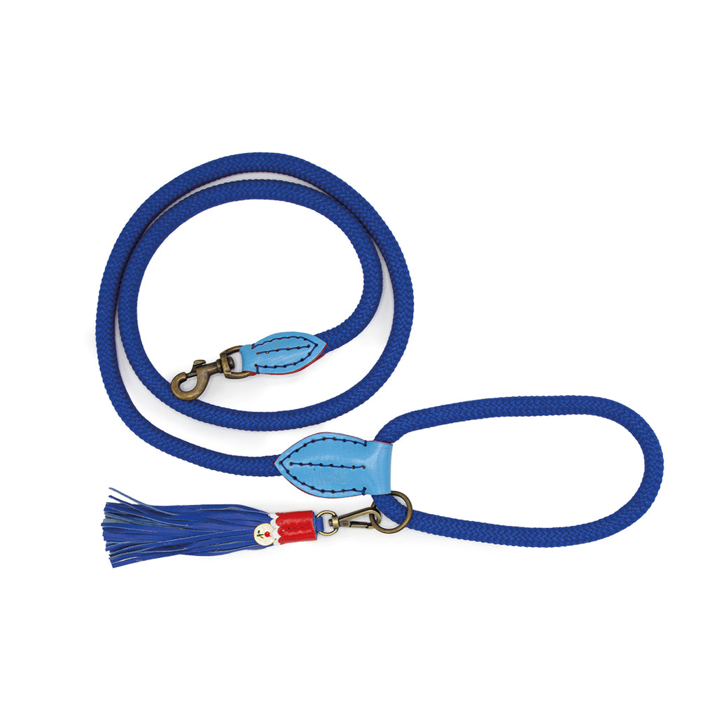 Blue dog leash with a tassel on a white background