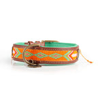 Dog collar with orange and green pattern on a white background