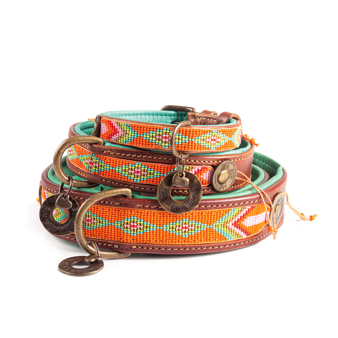 Colorful dog collar with patterns and decorative elements on a white background