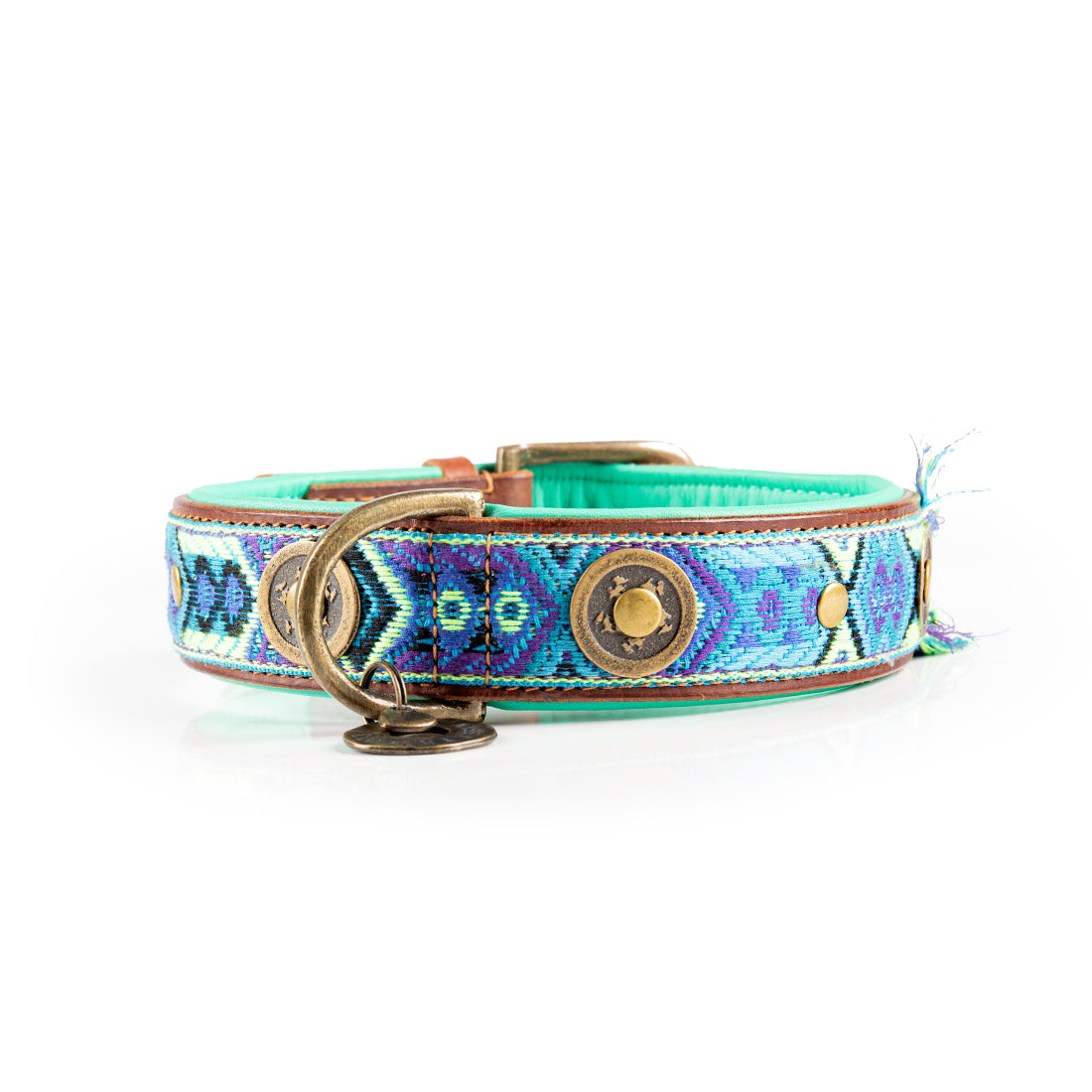 Decorative dog collar with blue and purple pattern on a white background