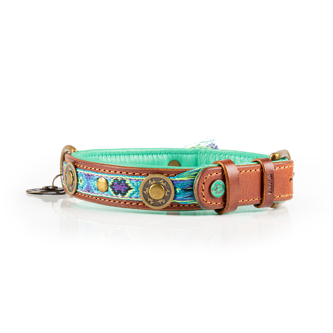 Decorative dog collar with turquoise band and brown leather accents on a white background
