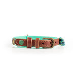 Dog collar with turquoise band and brown leather accents on a white background