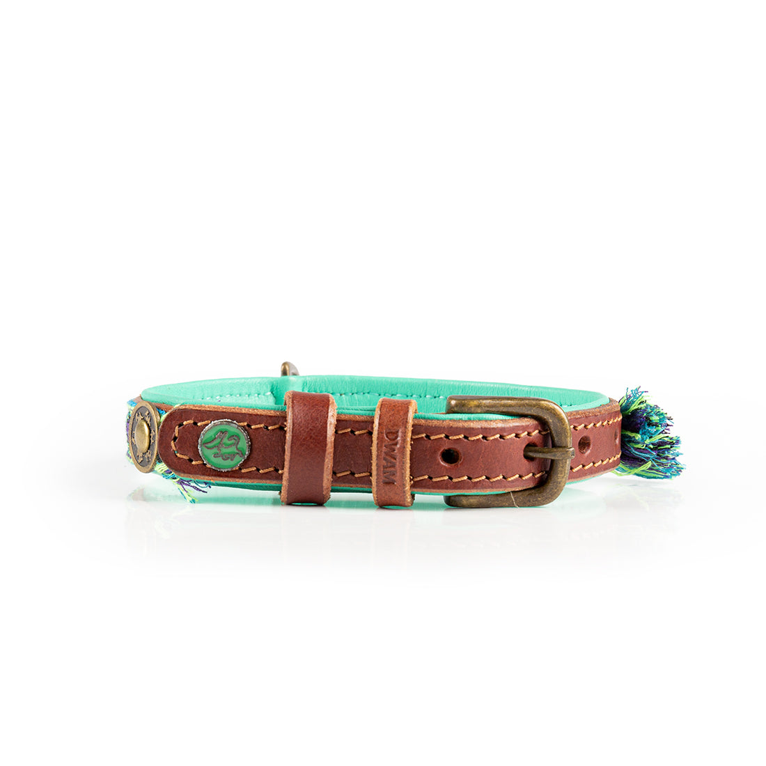 Dog collar with turquoise band and brown leather accents on a white background