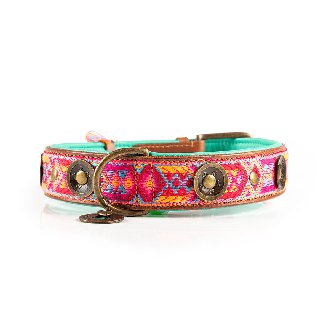 Colorful dog collar with patterned design on a white background