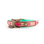 Dog collar with colorful pattern and gold accents on a white background