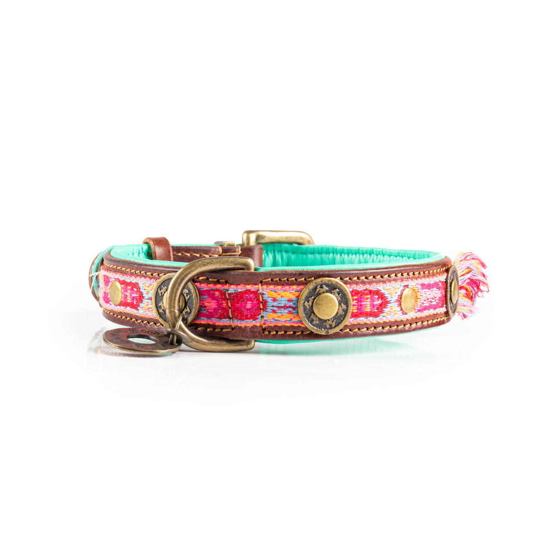 Dog collar with colorful pattern and gold accents on a white background