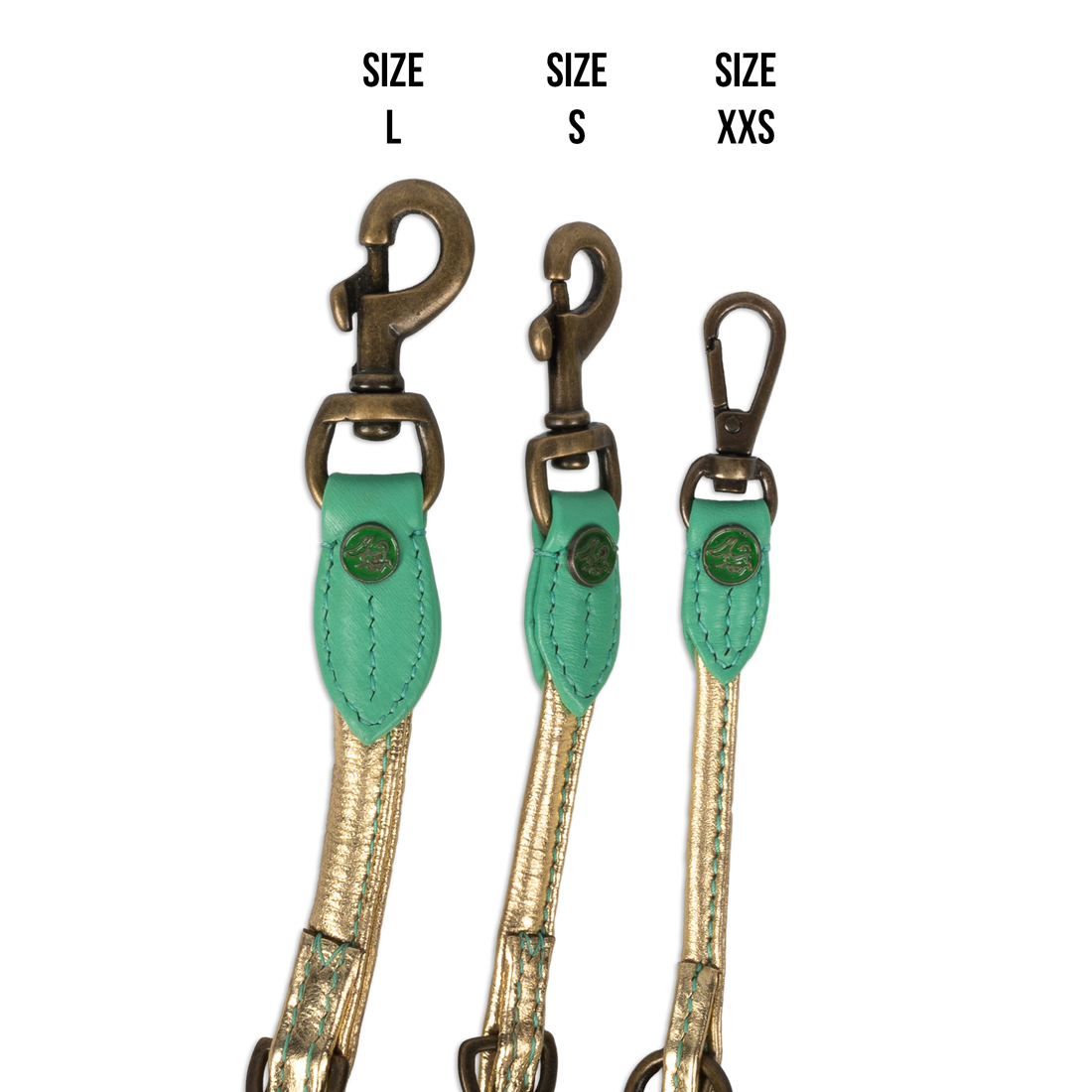 Three green leather straps with metal hooks labeled 'Size L', 'Size S', and 'Size XXS' on a white background.