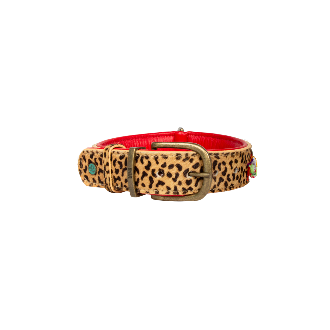 Leopard print dog collar with a red interior on a white background