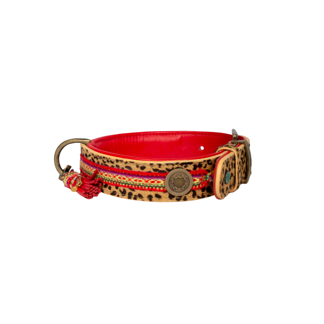 Dog collar with red band and leopard print pattern on a white background