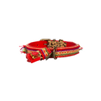 Red dog collar with leopard print and colorful patterns on a white background