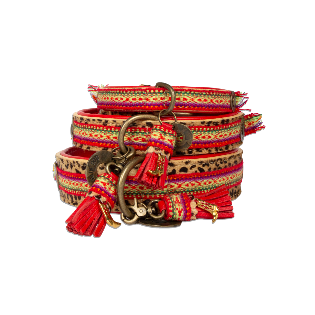 Stack of colorful bracelets with tassels and charms on a white background