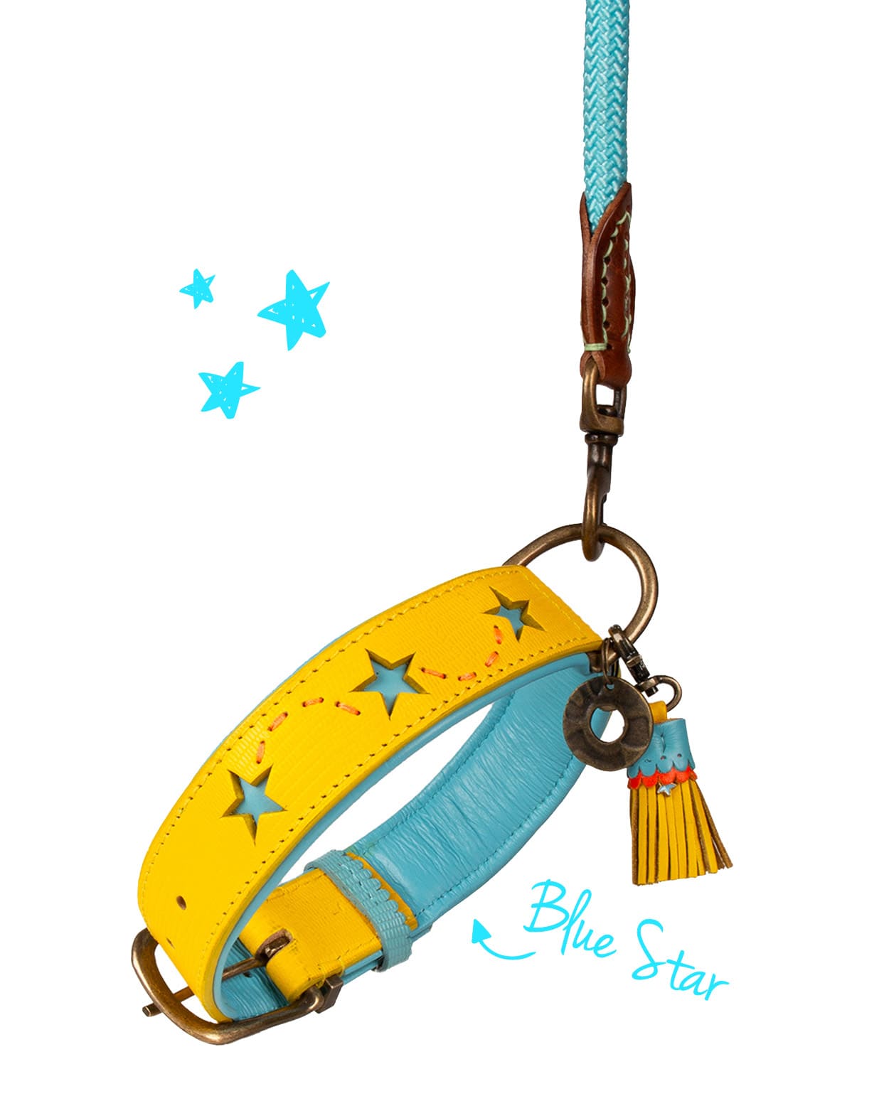 Urban Blue Star dog collar with star patterns and a tassel on a white background