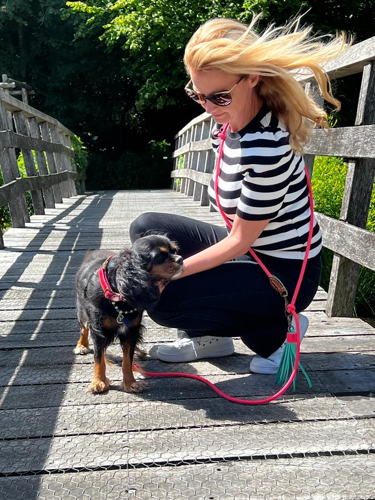 Woman with a dog on a leash on a wooden bridge