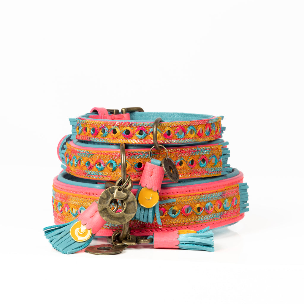 Colorful dog collar with decorative elements on a white background