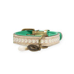Dog collar with green exterior and beige interior, featuring a decorative clasp and tag on a white background.
