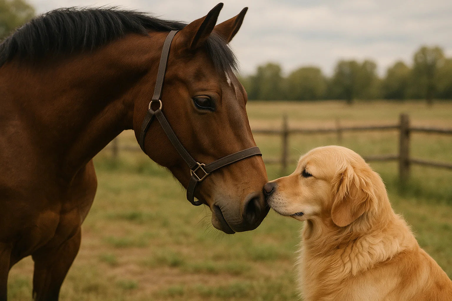 Horse and dog sniffing each other in a grassy field with a wooden fence and trees in the background.