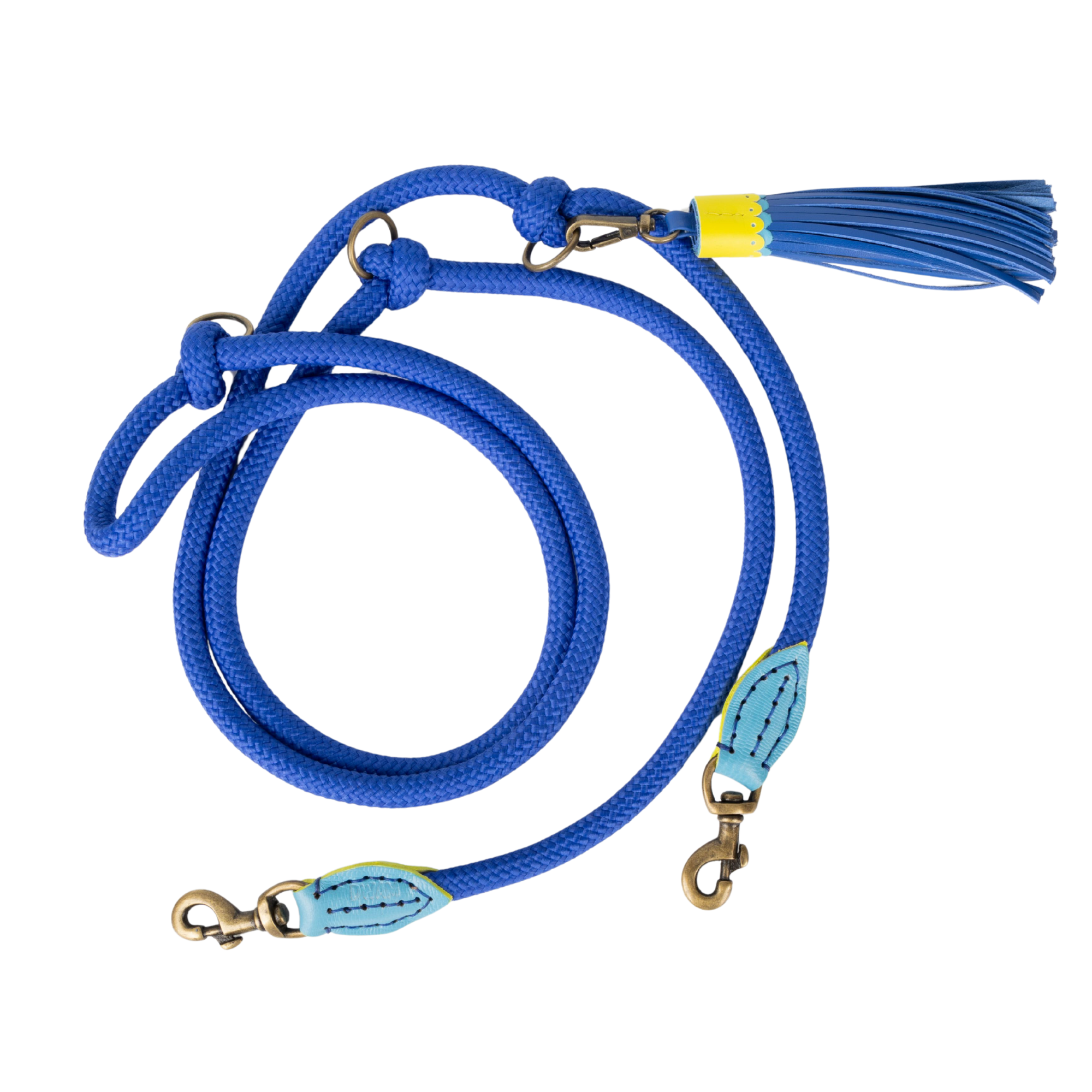 Blue dog leash with a tassel on a white background