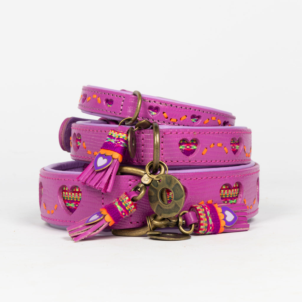 Purple dog collar with heart patterns and decorative elements on a white background