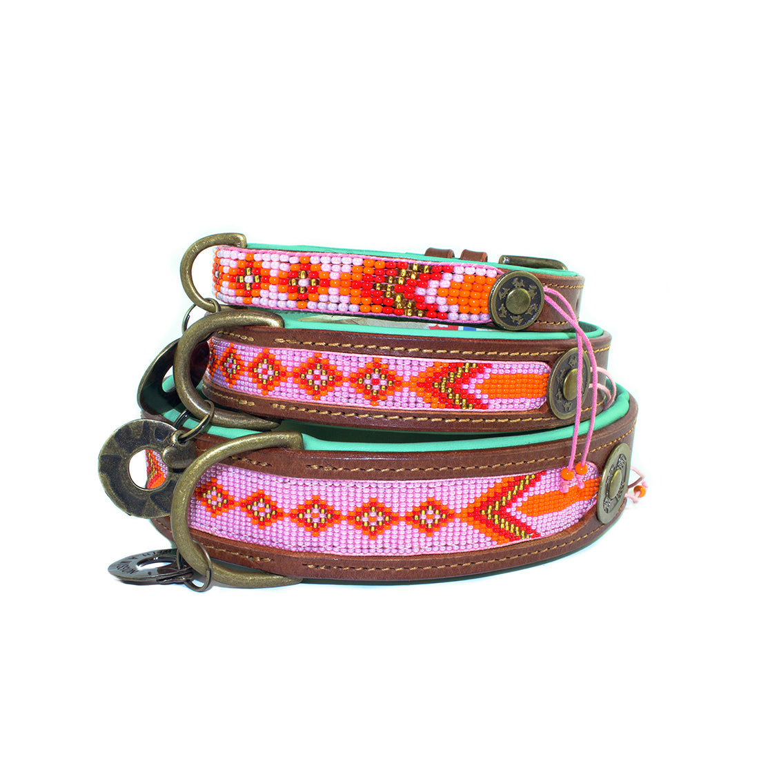 Dog collar and leash set with colorful pattern on a white background