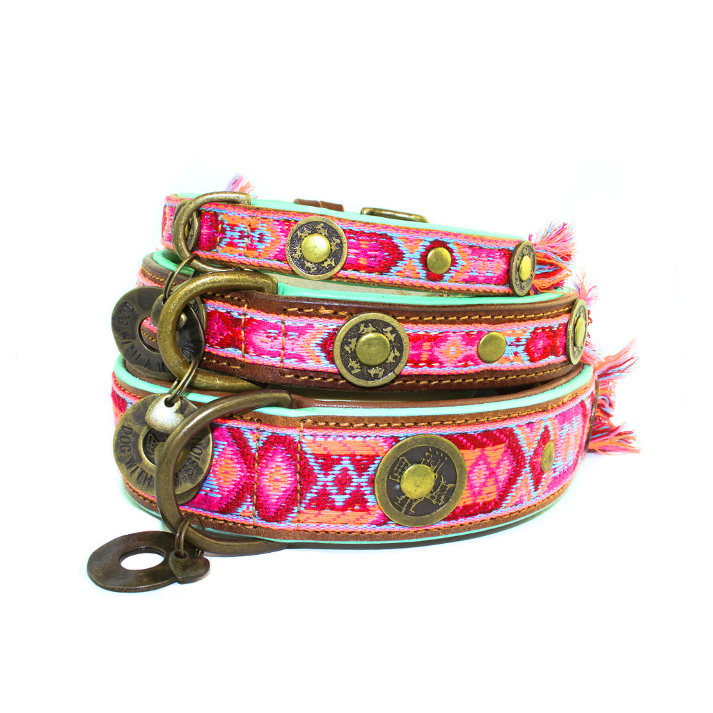 Colorful dog collar with decorative elements on a white background